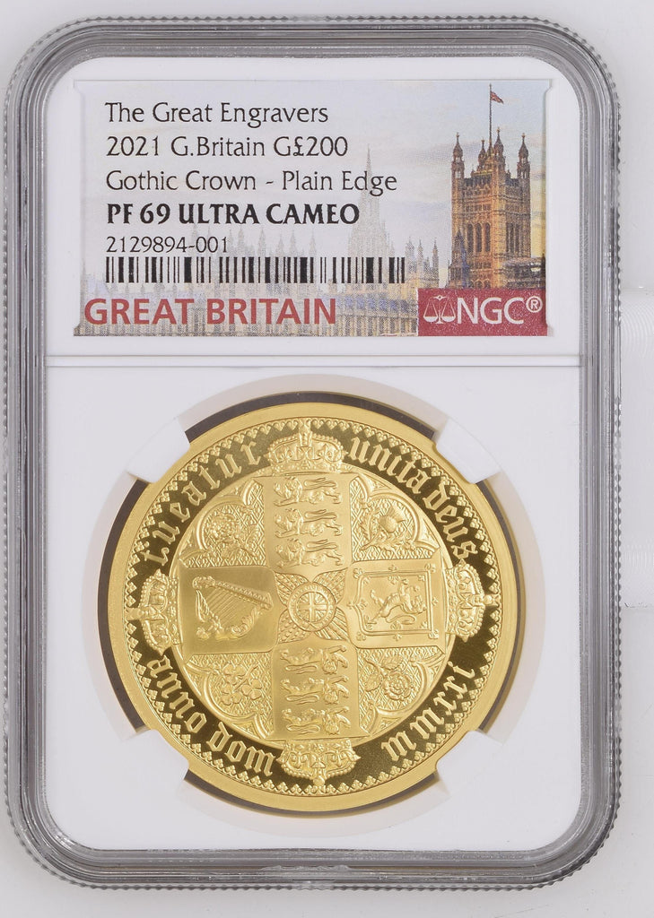 #アンティークコインギャラリア 2021年 イギリス ゴシッククラウン シールド プレーンエッジ 2オンス 200ポンド金貨 PF69UCAM