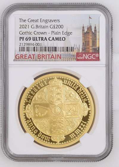 #アンティークコインギャラリア 2021年 イギリス ゴシッククラウン シールド プレーンエッジ 2オンス 200ポンド金貨 PF69UCAM