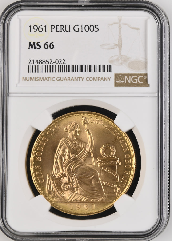 1961年 ペルー 坐像の女神 100ソル金貨 NGC MS66