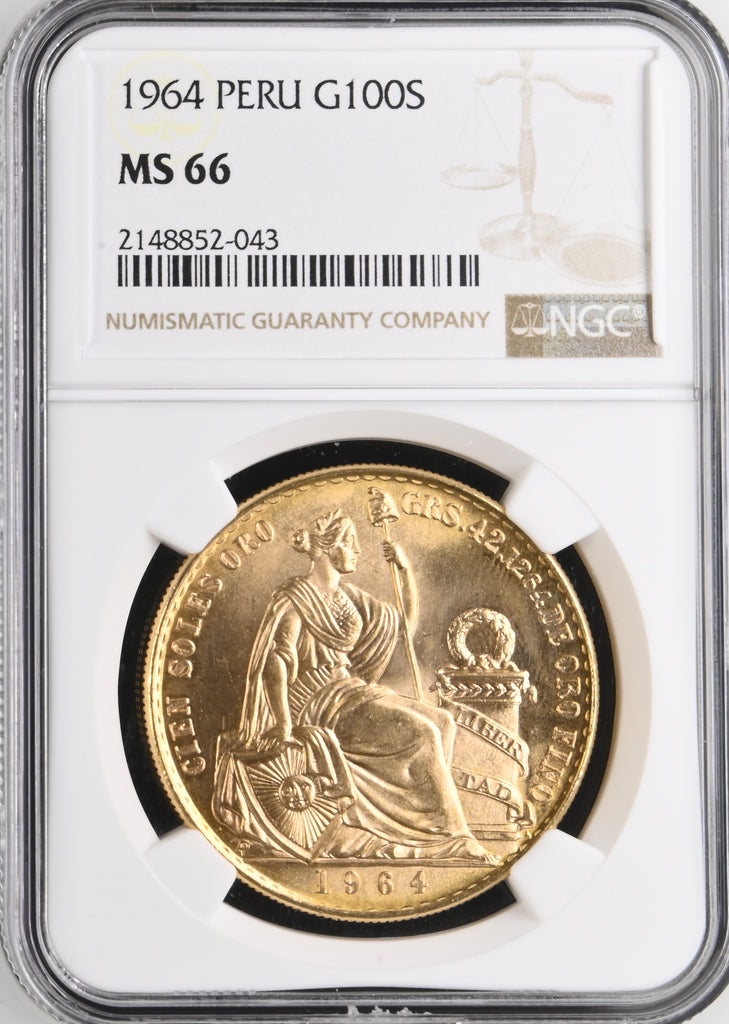 1964年 ペルー 坐像の女神 100ソル金貨 NGC MS66