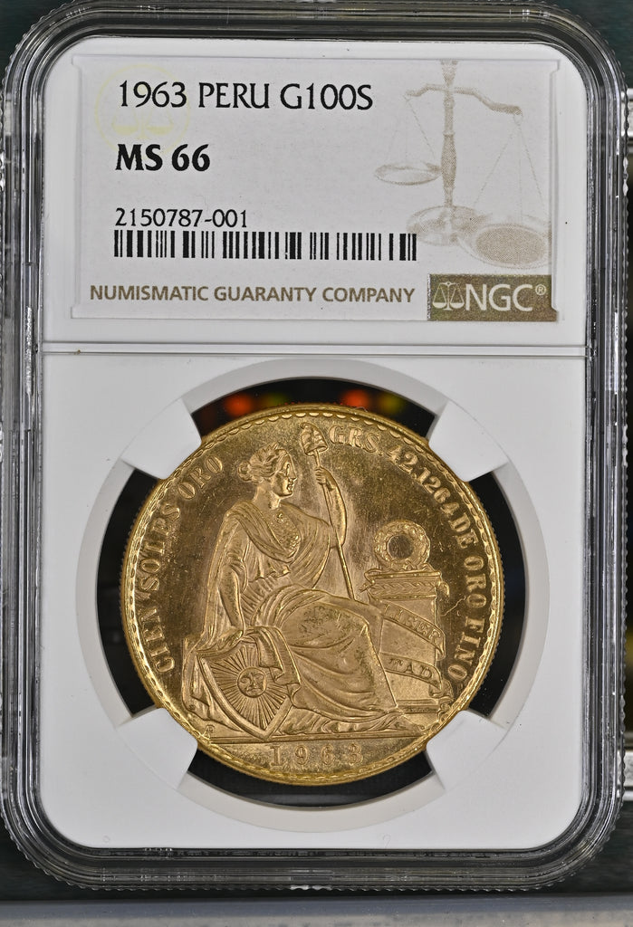 1963年 ペルー 坐像の女神 100ソル金貨 NGC MS66