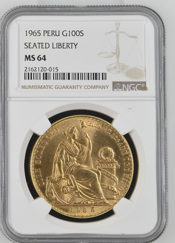1965年 ペルー 坐像の女神 100ソル金貨 NGC MS64