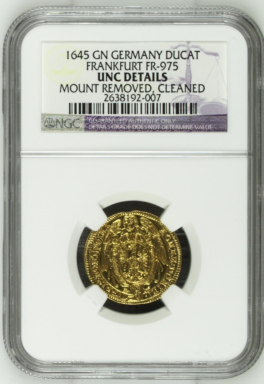 #アンティークコインギャラリア 1645年 ドイツ フランクフルト ダカット金貨 UNC Details MOUNT REMOVED, CLEANED