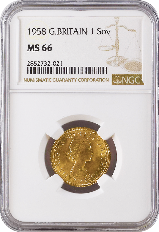 1958年 イギリス エリザベス2世 1stポートレート ギリックソヴリン金貨 NGC MS66