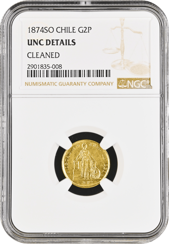 #アンティークコインギャラリア 1874年 チリ共和国 2ペソ金貨 UNC Details CLEANED