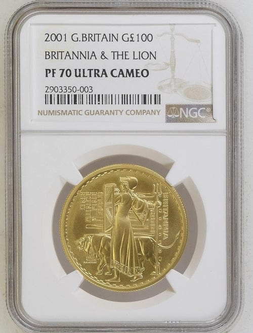 アンティークコインギャラリア 2001年 イギリス ブリタニアとライオン 100ポンド金貨 PF70 Ultra Cameo