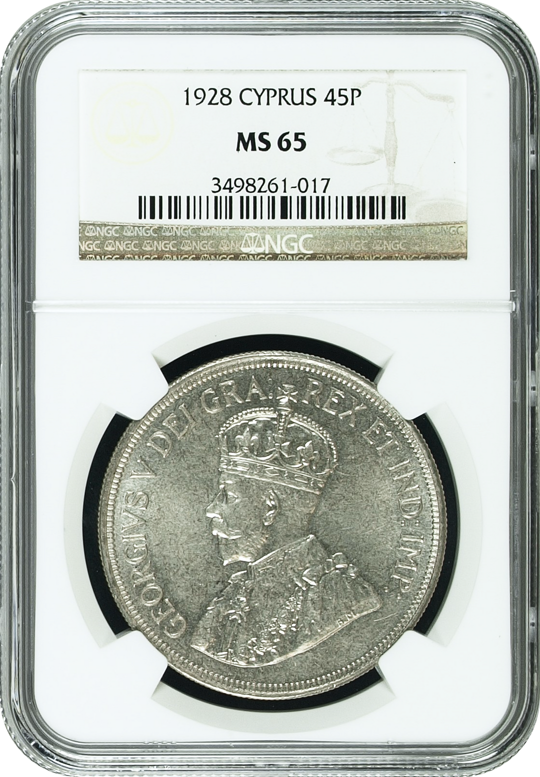 1928年 イギリス領キプロス ジョージ5世 45ピアストル銀貨 NGC MS65