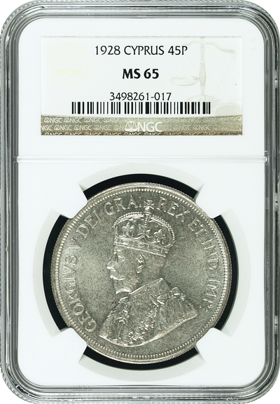 1928年 イギリス領キプロス ジョージ5世 45ピアストル銀貨 NGC MS65