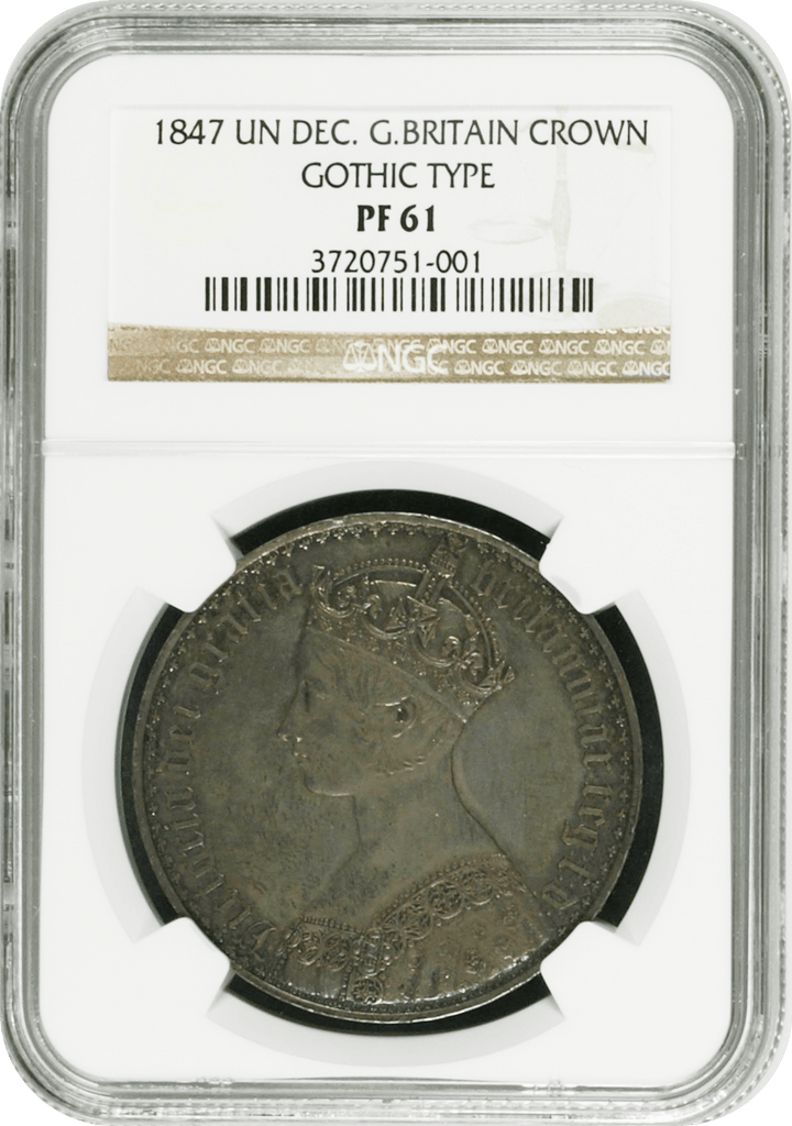 #アンティークコインギャラリア 1847年 イギリス ヴィクトリア ゴシッククラウン銀貨 アンデシモエッジ NGC PF61