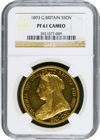 アンティークコインギャラリア 1893年 イギリス ヴィクトリア 5ポンド金貨 ヴェールヘッド PF61CAM