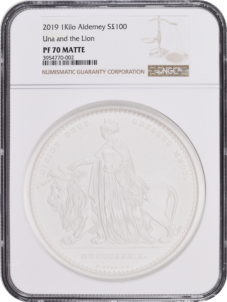 【Top Pop】2019年 オルダニー エリザベス2世 ウナとライオン 1キロ 100ポンド銀貨 マットプルーフ NGC PF70 箱付