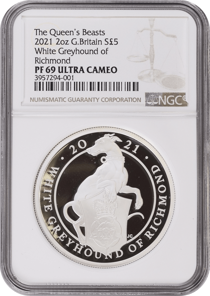 #アンティークコインギャラリア 2021年 イギリス クイーンズビースト 2oz 銀貨 White Greyhound of Richmond  NGC PF69UCAM