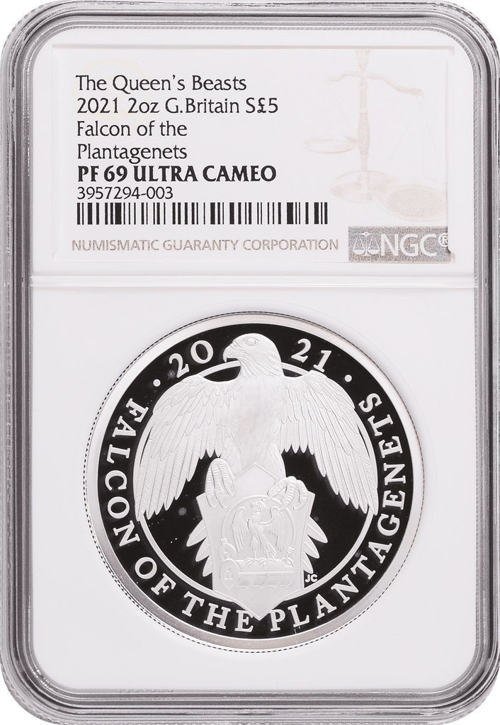 #アンティークコインギャラリア 2021年 イギリス クイーンズビースト 2oz銀貨 Falcon of The plantagenets NGC PF69UCAM