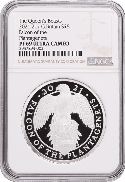 #アンティークコインギャラリア 2021年 イギリス クイーンズビースト 2oz銀貨 Falcon of The plantagenets NGC PF69UCAM