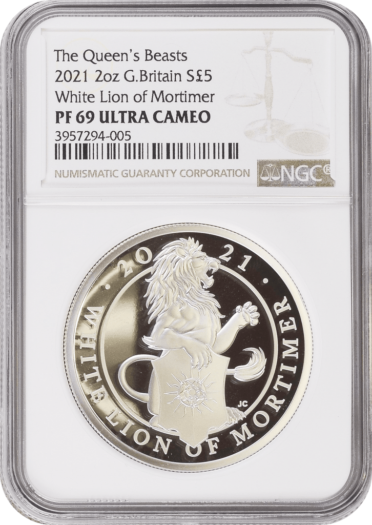 #アンティークコインギャラリア 2021年 イギリス クイーンズビースト 2oz 銀貨 White  Lion of Mortimer NGC PF69UCAM