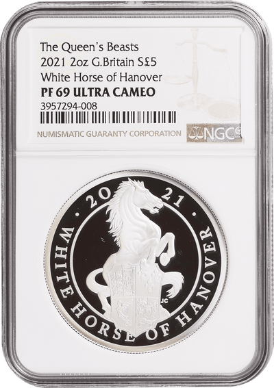 #アンティークコインギャラリア 2021年 イギリス クイーンズビースト 2oz銀貨 White Horse of  Hanover NGC PF69UCAM