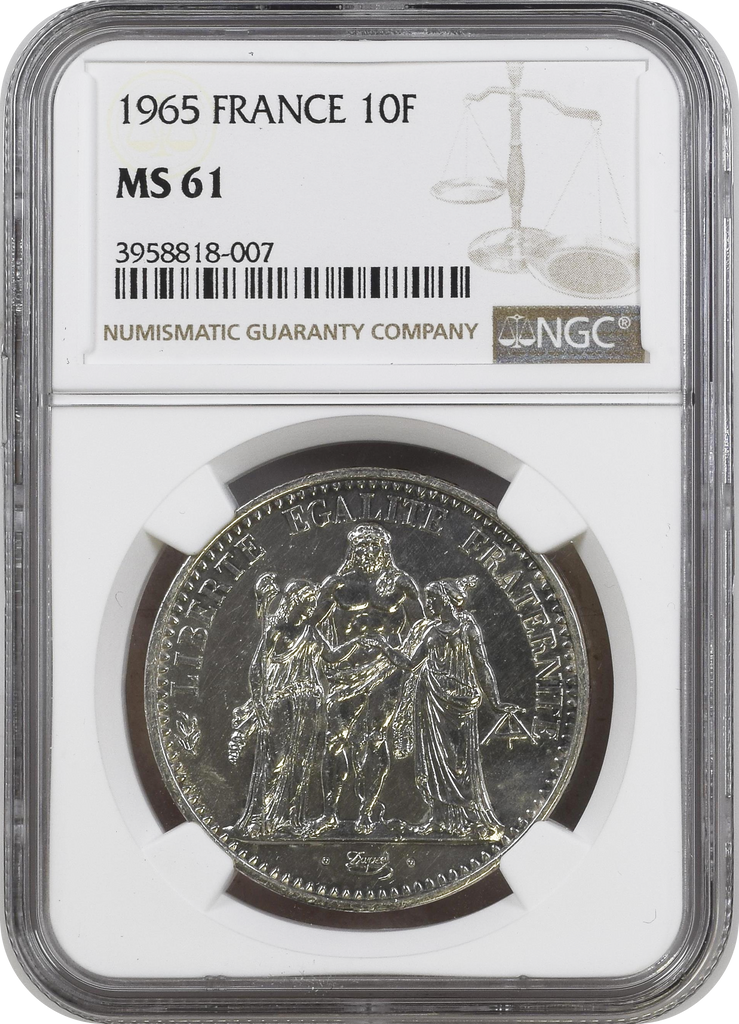 1965年 フランス ヘラクレス 10フラン銀貨 NGC MS61