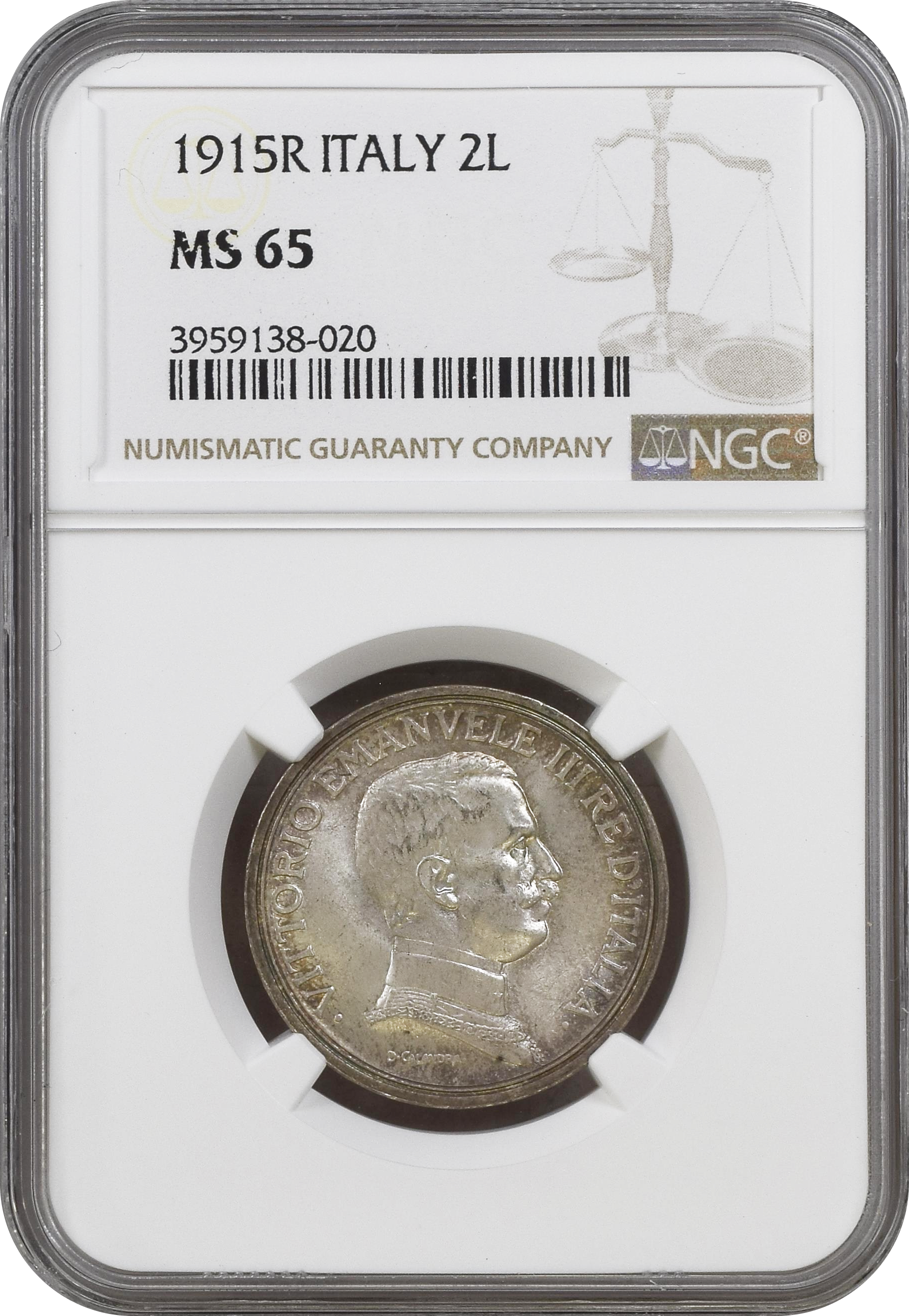 1915年 イタリア ヴィットーリオ・エマヌエーレ3世 2リレ銀貨 NGC MS65