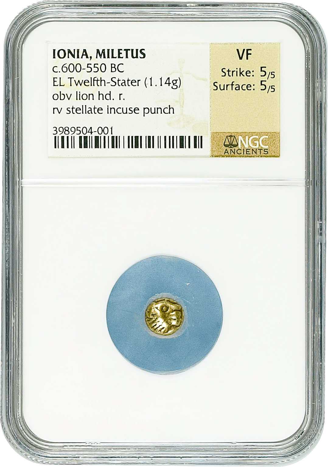 #アンティークコインギャラリア 古代ギリシア 紀元前625-550年 イオニア ミレトス へミヘクテ金貨 NGC VF Strike: 5/5 Surface: 5/5