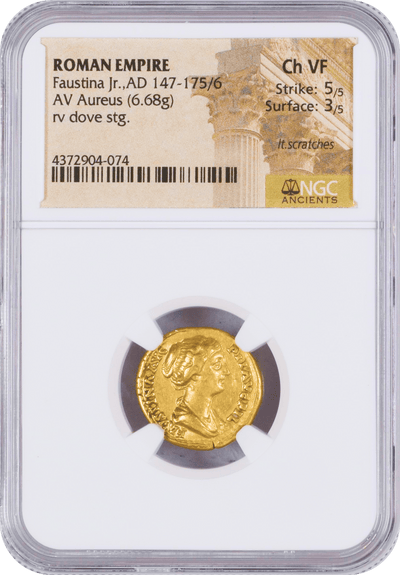 #アンティークコインギャラリア 紀元後147-175/6年 ローマ帝国 ファウスティナ妃 アウレウス金貨 NGC Ch VF Strike: 5/5 Surface: 3/5