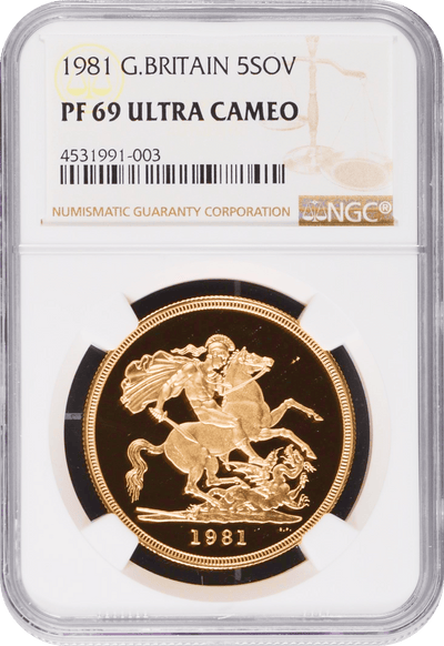 #アンティークコインギャラリア 1981年 イギリス ヤングエリザベス 5ポンド金貨 NGC PF69 Ultra Cameo