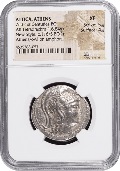 #アンティークコインギャラリア 紀元前2-1世紀 古代ギリシア アッティカ アテネ フクロウ テトラドラクマ銀貨 ニュースタイル NGC XF Strike: 5/5 Surface: 4/5