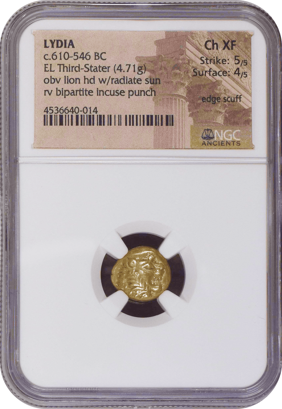 #アンティークコインギャラリア 紀元前610-546年 古代リディア王国 1/3ステーター エレクトラム貨 NGC Ch XF Strike: 5/5 Surface: 4/5 edge scuff