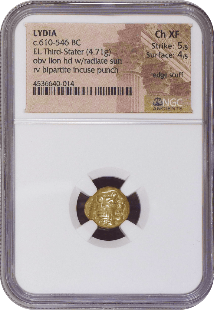 #アンティークコインギャラリア 紀元前610-546年 古代リディア王国 1/3ステーター エレクトラム貨 NGC Ch XF Strike: 5/5 Surface: 4/5 edge scuff