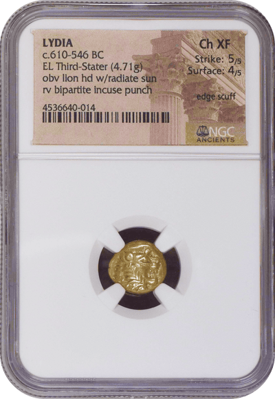 #アンティークコインギャラリア 紀元前610-546年 古代リディア王国 1/3ステーター エレクトラム貨 NGC Ch XF Strike: 5/5 Surface: 4/5 edge scuff