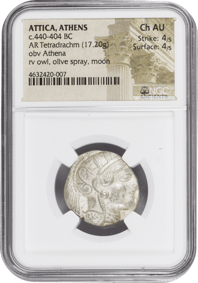 #アンティークコインギャラリア 紀元前440-404年 古代ギリシア アッティカ アテネ フクロウ テトラドラクマ銀貨 Ch AU Strike: 4/5 Surface: 4/5