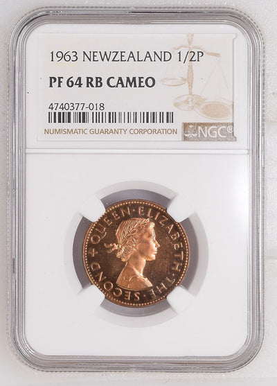 #アンティークコインギャラリア 1963年 ニュージーランド エリザベス2世 1stポートレート 1/2ペニー銅貨 PF64RB Cameo