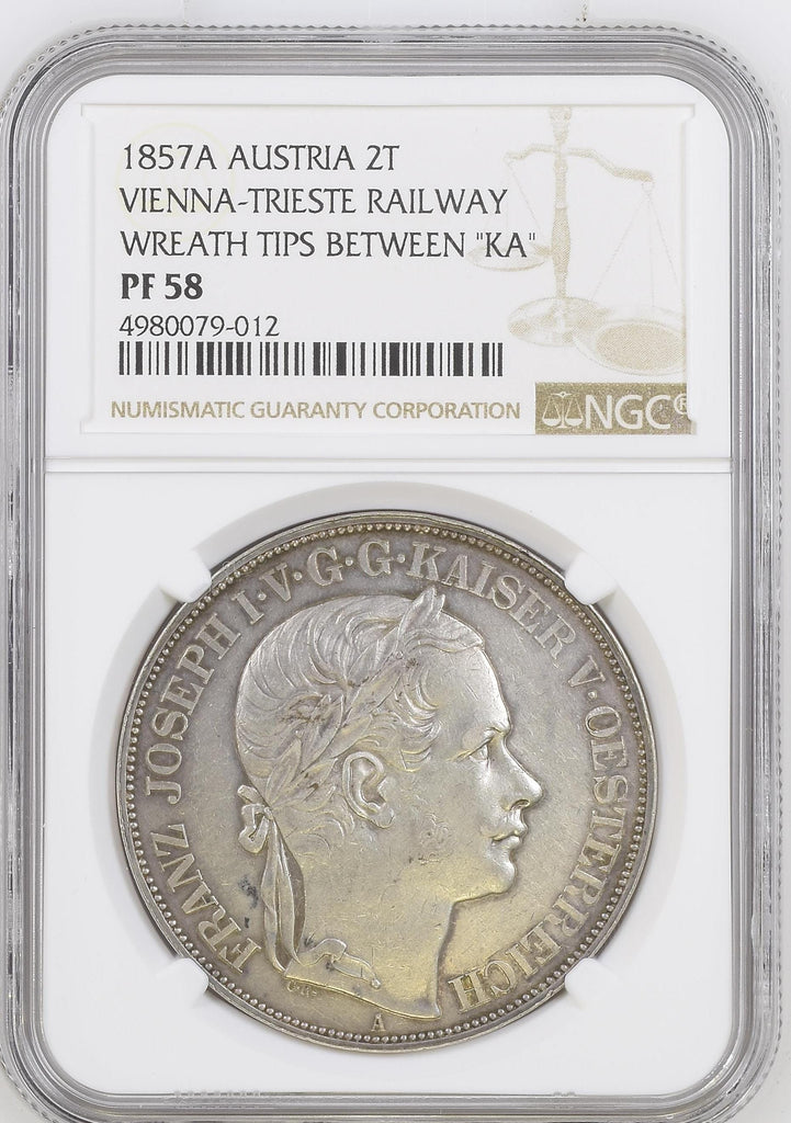 #アンティークコインギャラリア 1875年A オーストリア ウィーン・トリエステ南部鉄道開通記念 2ターラー銀貨 PF58