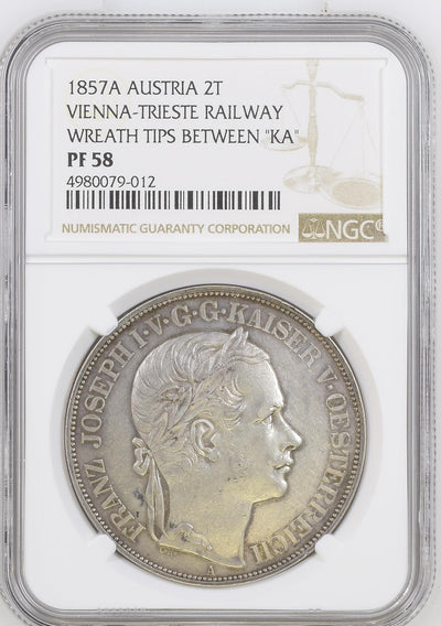 #アンティークコインギャラリア 1875年A オーストリア ウィーン・トリエステ南部鉄道開通記念 2ターラー銀貨 PF58