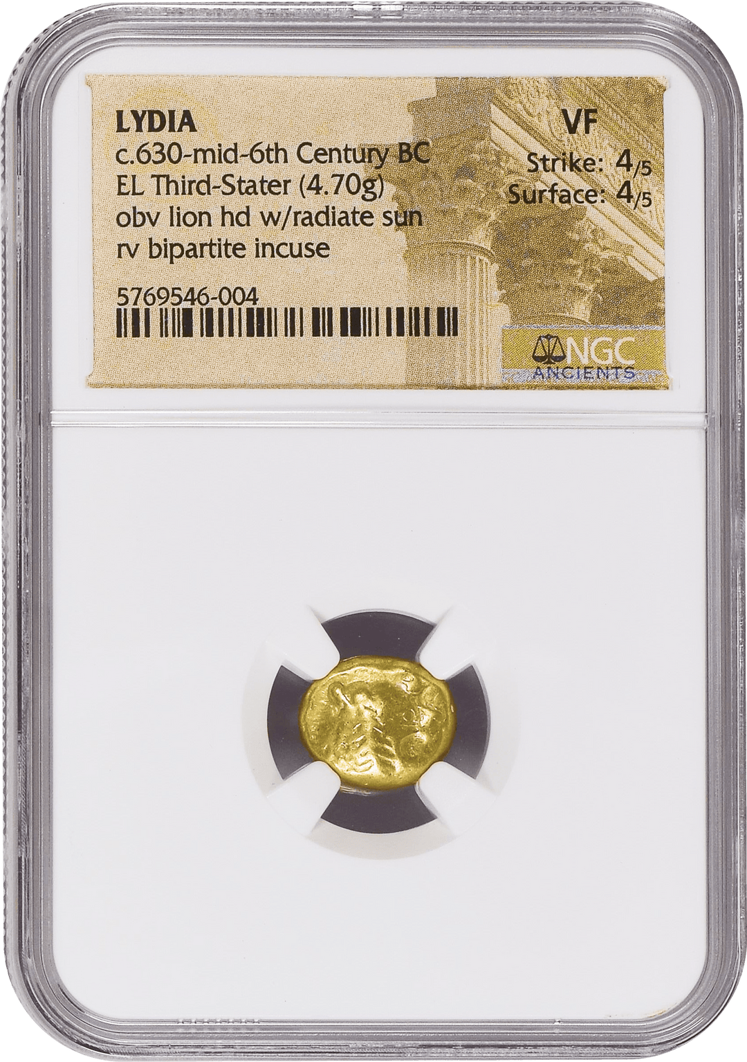 #アンティークコインギャラリア 古代リディア王国 紀元前610-546年頃 1/3ステーター金貨 NGC VF Strike: 4/5 Surface: 4/5