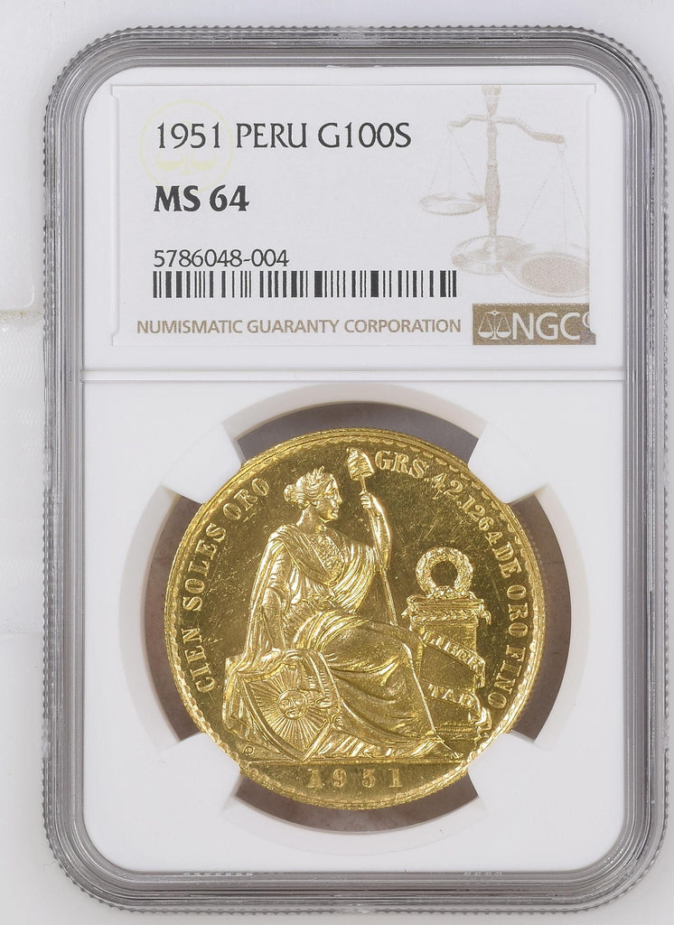 1951年 ペルー 坐像の女神 100ソル金貨 NGC MS64
