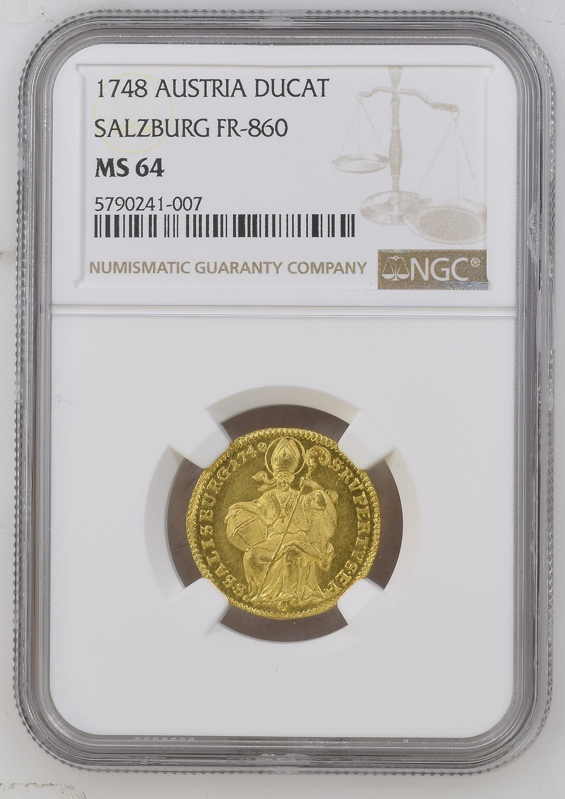 1748 神聖ローマ帝国（オーストリア） ザルツブルグ ダカット金貨 MS64 