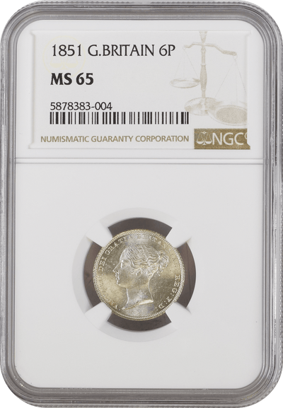 #アンティークコインギャラリア 1851年 イギリス ヴィクトリア ヤングヘッド 6ペンス銀貨 MS65