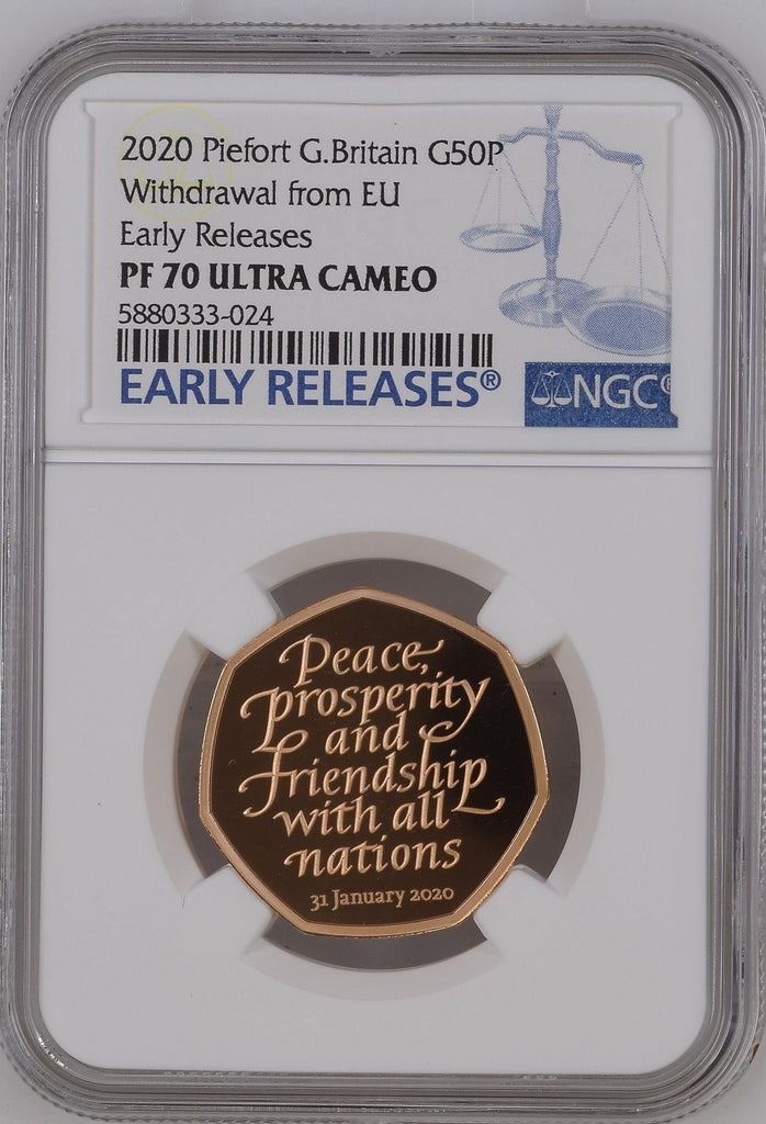 アンティークコインギャラリア 2020年 イギリス EUブレグジット ピエフォー 50ペンス金貨 Early Releases  NGC PF70UCAM