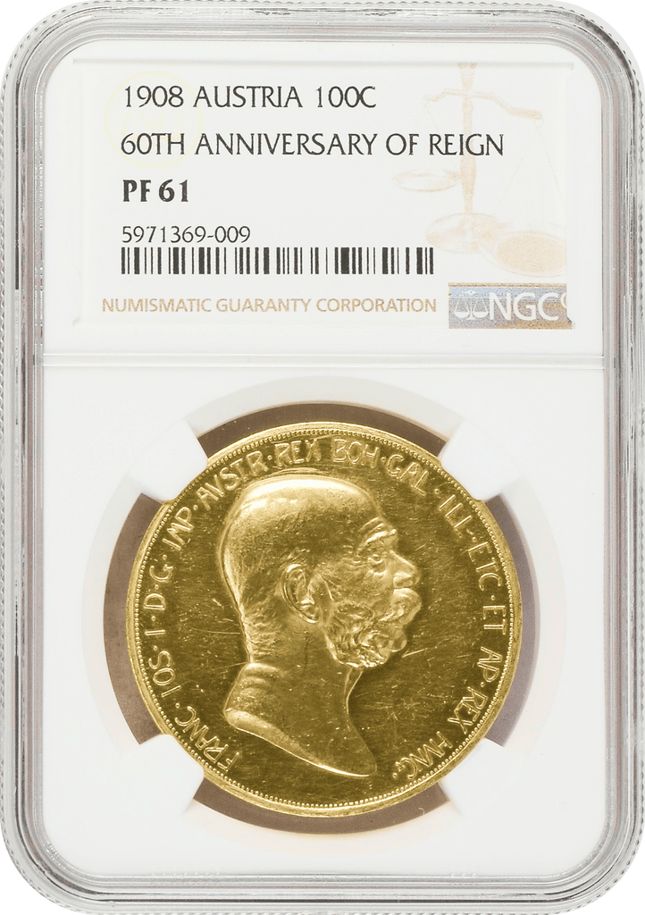 #アンティークコインギャラリア 1908年 オーストリア フランツ・ヨーゼフ1世 雲上の女神 100コロナ金貨 NGC PF61