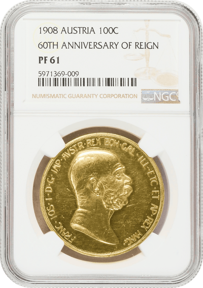 #アンティークコインギャラリア 1908年 オーストリア フランツ・ヨーゼフ1世 雲上の女神 100コロナ金貨 NGC PF61