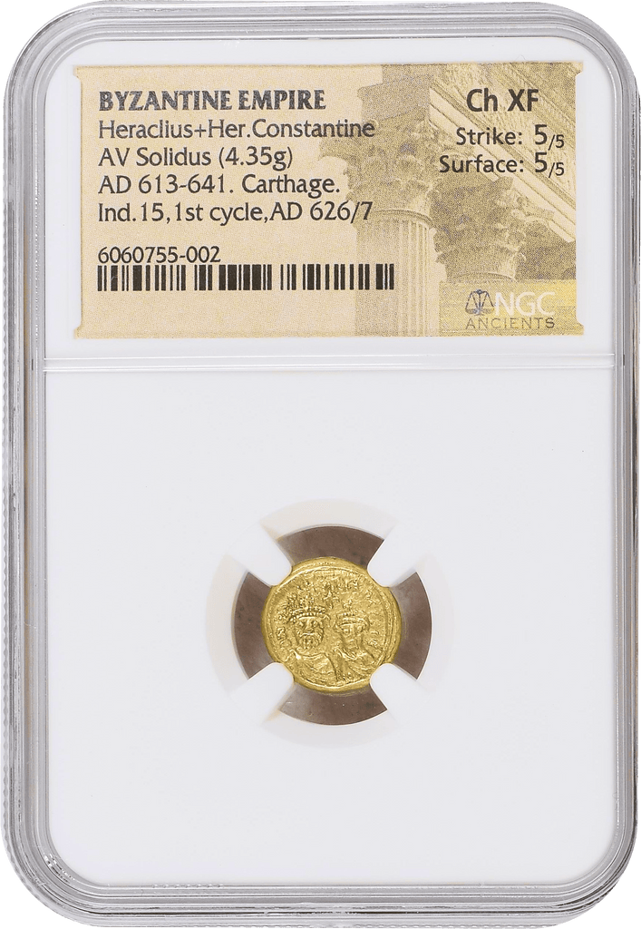 #アンティークコインギャラリア 古代ビザンツ帝国 紀元後613-641年 コンスタンティウス2世 ソリダス金貨 NGC Ch XF Strike: 5/5 Surface: 5/5