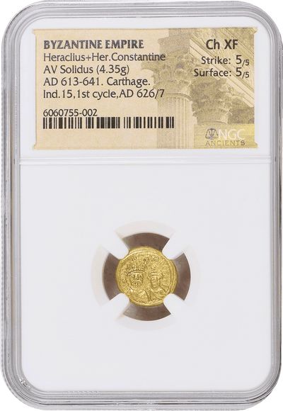 #アンティークコインギャラリア 古代ビザンツ帝国 紀元後613-641年 コンスタンティウス2世 ソリダス金貨 NGC Ch XF Strike: 5/5 Surface: 5/5