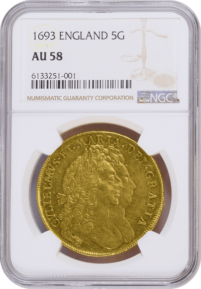 #アンティークコインギャラリア 1693年 イギリス ウィリアム3世＆メアリー2世 5ギニー金貨 NGC AU58