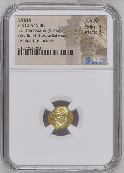 #アンティークコインギャラリア 古代リディア王国 紀元前610-546年頃 1/3ステーター金貨 NGC Ch XF Strike: 3/5 Surface: 3/5