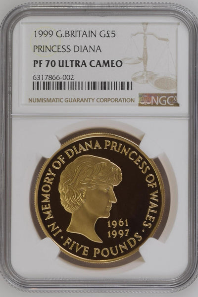 アンティークコインギャラリア 1999 イギリス プリンセス・ダイアナ 5ポンド金貨 PF70UCAM 箱付き