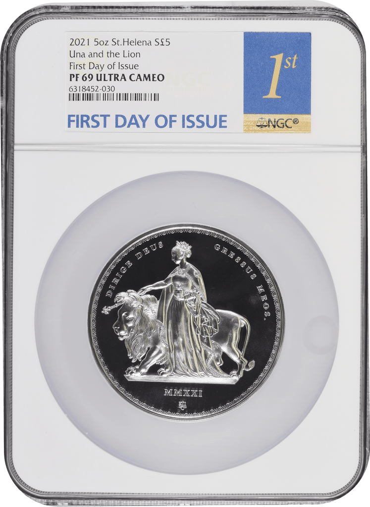 アンティークコインギャラリア 2021年 5oz セントヘレナ ウナとライオンn First Day of Issue 5ポンド銀貨 PF69UCAM