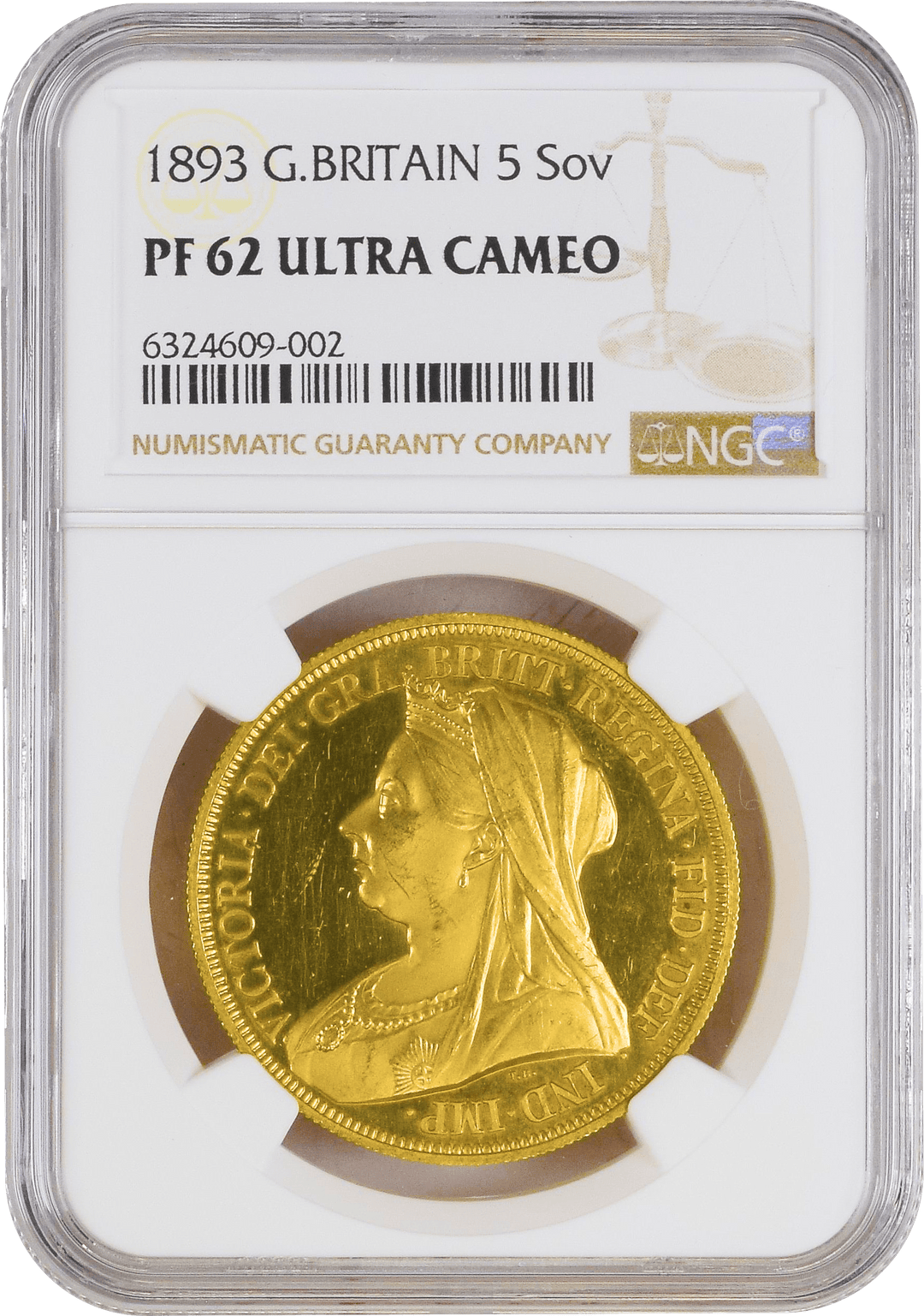 #アンティークコインギャラリア 1893年 イギリス ヴィクトリア ヴェールヘッド 5ポンド金貨 PF62UCAM