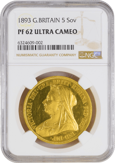 #アンティークコインギャラリア 1893年 イギリス ヴィクトリア ヴェールヘッド 5ポンド金貨 PF62UCAM
