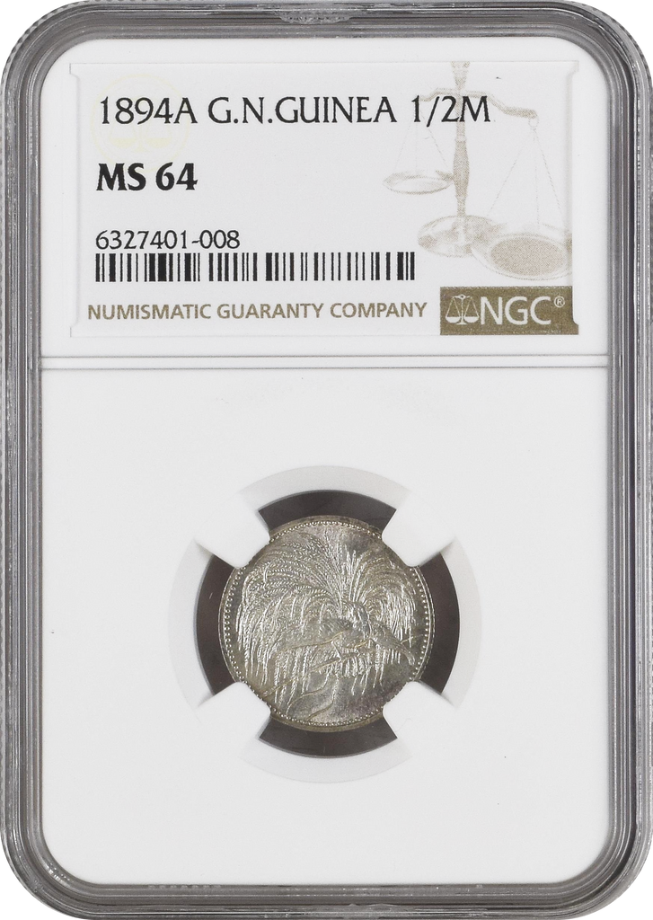 1894年 ドイツ領ニューギニア ヴィルヘルム2世 極楽鳥 1/2マルク銀貨 NGC MS64