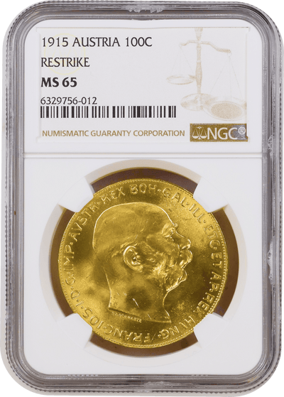 #アンティークコインギャラリア 1915年 オーストリア フランツ・ヨーゼフ1世 100コロナ金貨 リストライク NGC MS65